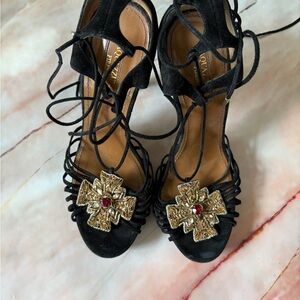 Aquazzura Black and Gold Lace-Up Heels